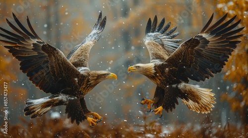 White-tailed Eagles in Mid-Flight during Snowy Autumn photo