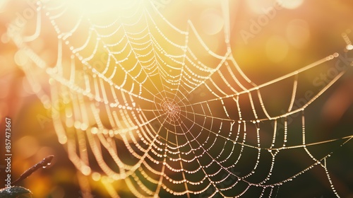 Delicate and detailed spider web glistens in the morning sun. The web is covered in tiny dew drops that sparkle like diamonds. photo