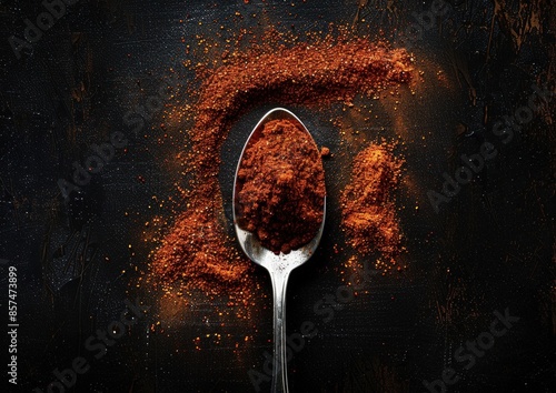 Spice Infusion: Chili Flakes in a Silver Spoon on a Dark Background © Riya