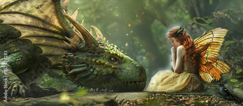 Young Dragon meets his first sad Fairy - Young green dragon with his nose close to the knees of a seated sad looking fairy spiritual theme  photo