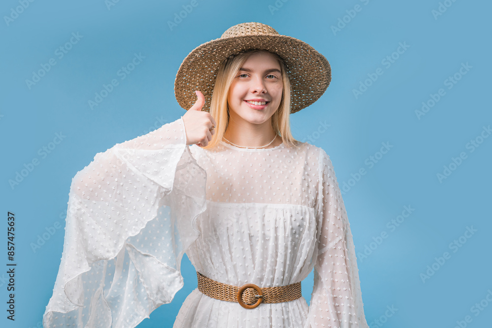 Positive teenager girl with hand sign like, thumbs up gesture. Lady on ...
