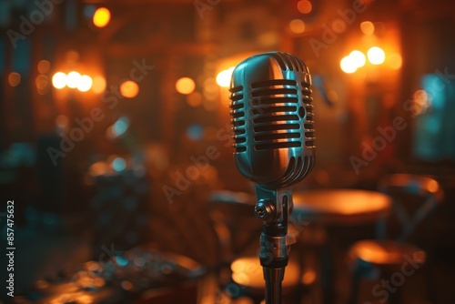 Soft lighting illuminates a vintage microphone on stage, capturing the essence of classic jazz and blues in a bar, club atmosphere