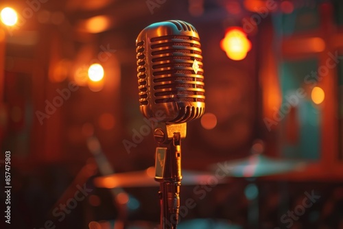 On stage with a vintage microphone and soft lighting, the classic jazz and blues vibe of a bar, club is perfectly captured