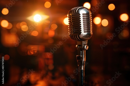 Classic jazz and blues come alive with a vintage microphone on stage under soft lighting. The ambiance of a bar, club setting