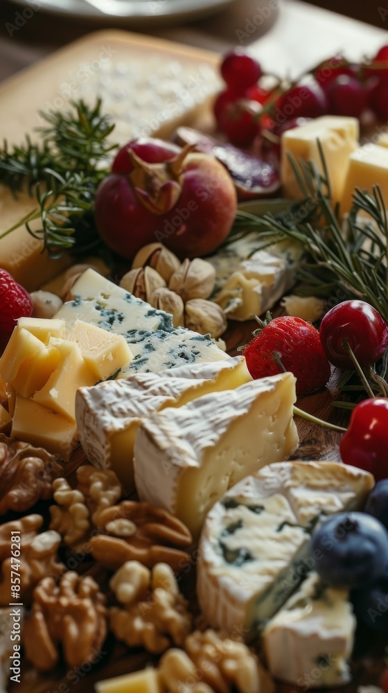 Assorted cheese platter with fruits and nuts on wooden board, gourmet appetizer concept Assorted cheese platter with fruits and nuts on wooden board, gourmet appetizer concept