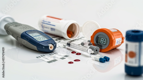 High-detail image of insulin pens and glucose meter on a white surface