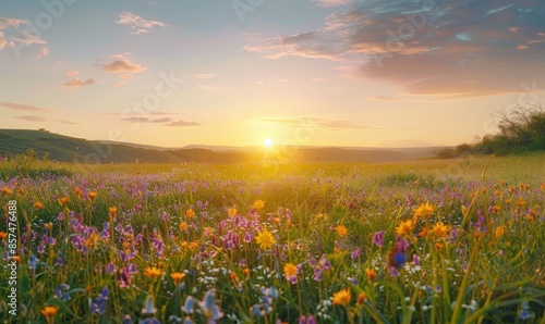 Serene Sunset Over Meadow Field with Wildflowers, Pastel Sky, and Peaceful Rural Landscape © Riya