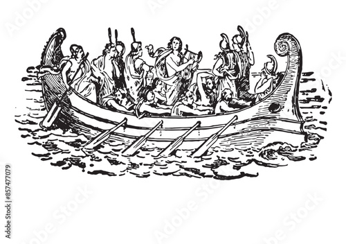 An ancient Viking longship sails with a crew in period attire, rowing and navigating the seas with focused determination vector