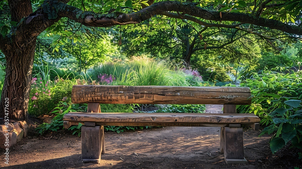 rustic bench crafted from reclaimed wood, placed in a garden under a canopy of trees, providing a perfect spot for solitude or enjoying nature rustic bench crafted from reclaimed wood, placed in a garden under a canopy of trees, providing a perfect spot for solitude or enjoying nature