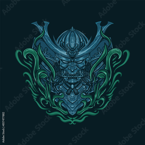 oni blue devil japan mask with ornament leaf vector illustration