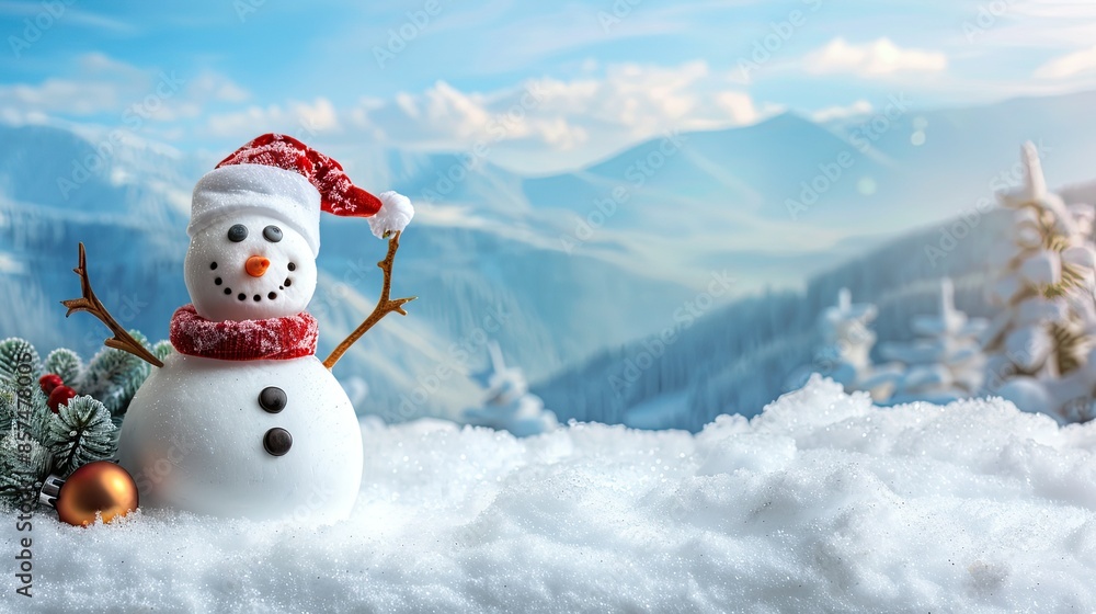 Obraz premium Happy snowman standing in christmas landscape. Snow background with copy space