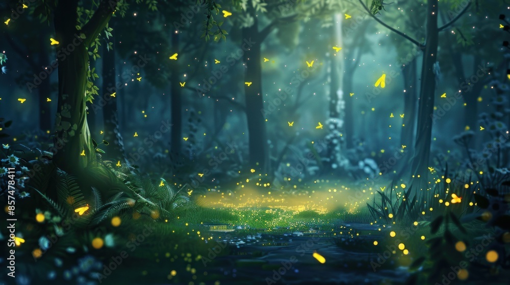 Fototapeta premium Illustrations of fireflies shine like stars, providing enchanting beauty and awe. Mystical night in forest background. Ai generated