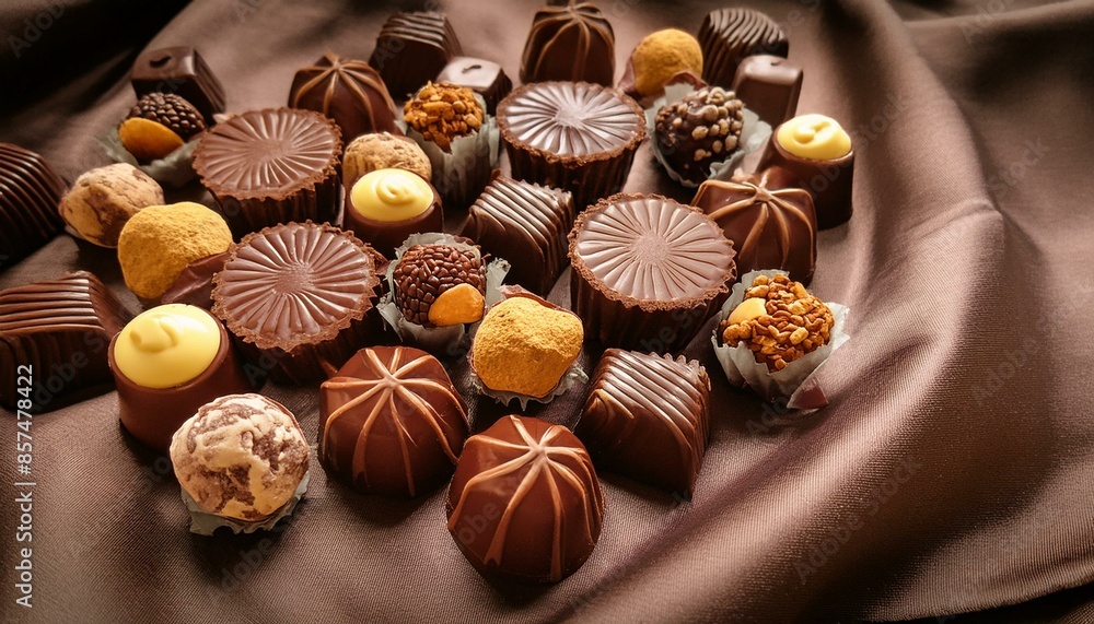 an array of luxurious chocolate confections on brown cloth an array of luxurious chocolate confections on brown cloth