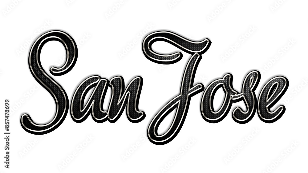 black metal 3d design of city name San Jose on white background. black metal 3d design of city name San Jose on white background.