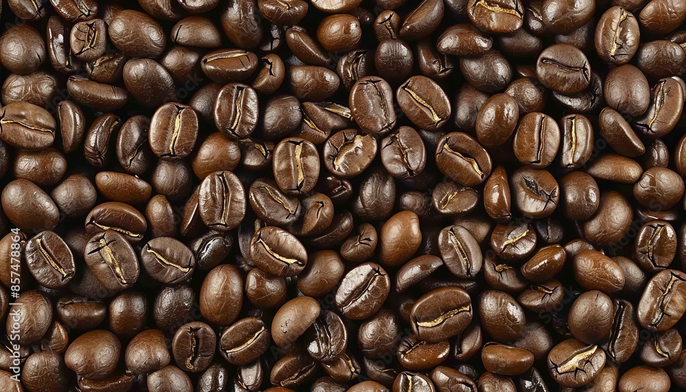 Naklejka premium Detailed close up of coffee beans exhibiting intricate texture and lustrous oily sheen