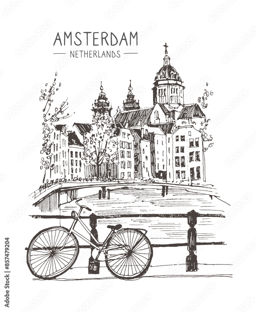 Fototapeta premium Travel sketch. Liner sketches homes of Amsterdam, Holland, hand drawing sketch, graphic illustration. Hand drawn travel postcard. Urban sketch in black color isolated on white background. Vector.