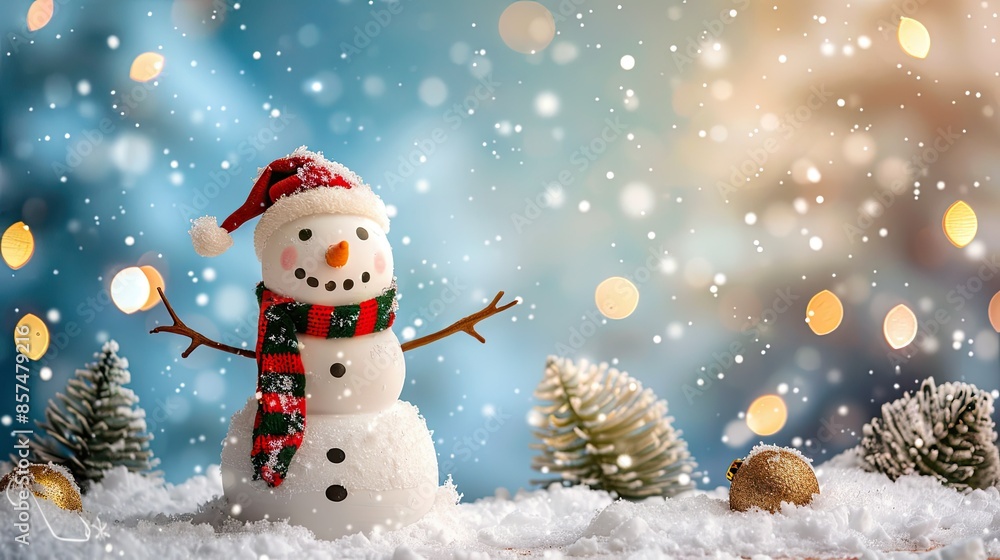 Obraz premium Happy snowman standing in christmas landscape. Snow background with copy space