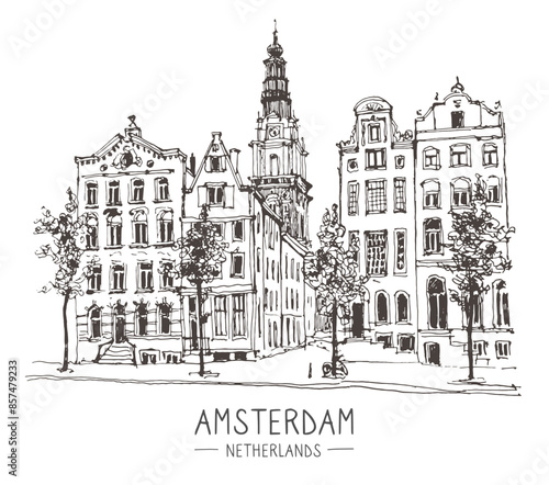 Vector liner sketch of houses in Amsterdam, Holland, hand drawing sketch, graphic illustration. Urban sketch in black color isolated on white background. Hand drawn travel postcard.