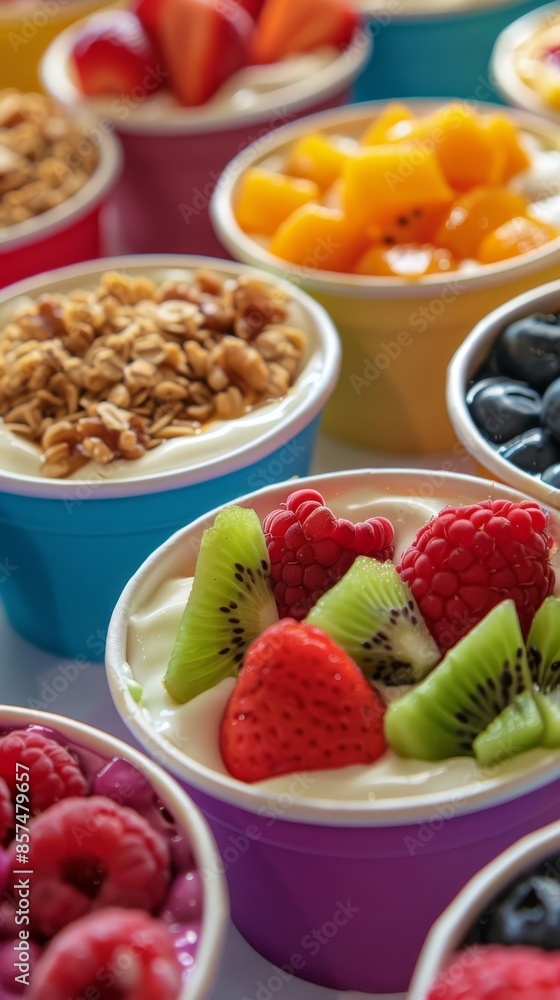 Assorted fruit and granola yogurt bowls with vibrant colors Assorted fruit and granola yogurt bowls with vibrant colors