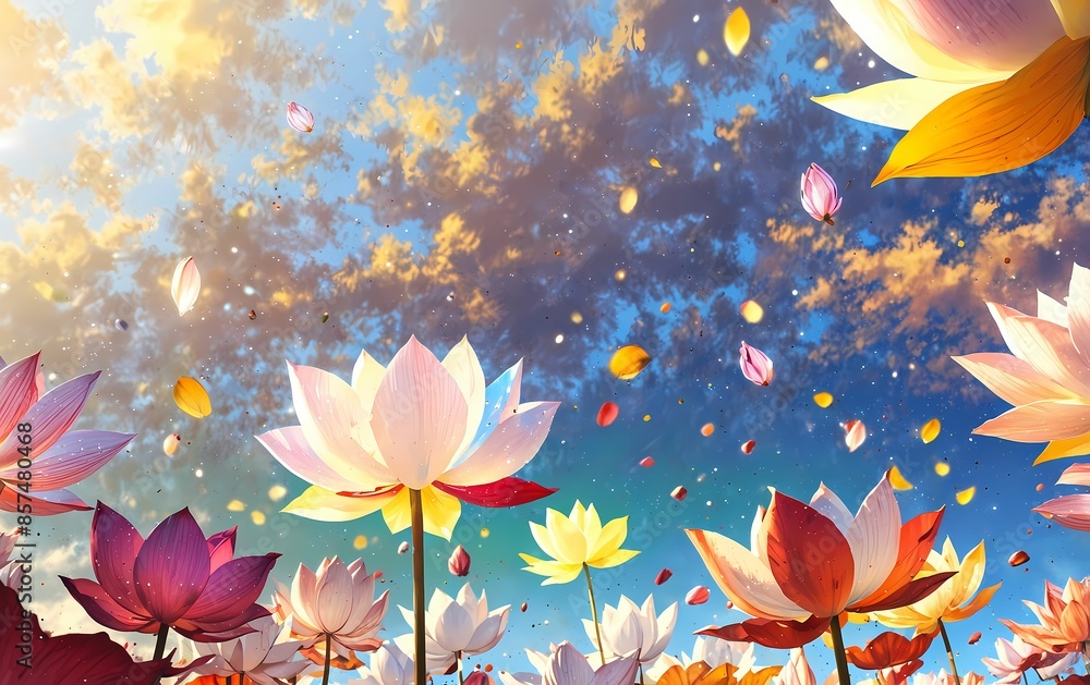 Fond graphique coloré avec pétales de fleurs en envol et flottant dans l'air Fond graphique coloré avec pétales de fleurs en envol et flottant dans l'air