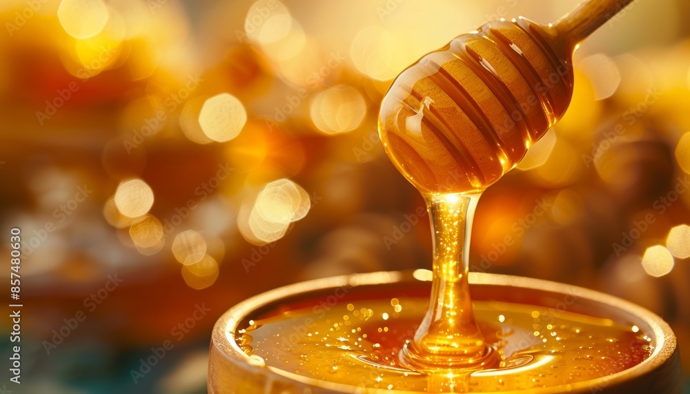 Detailed close up of golden honey flowing from a traditional wooden honey drizzler Detailed close up of golden honey flowing from a traditional wooden honey drizzler