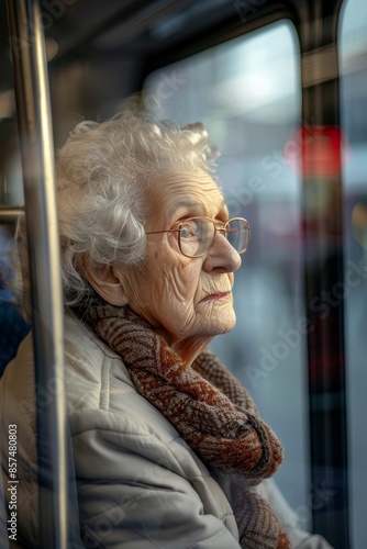 elderly woman on public transport Generative AI © Valentine