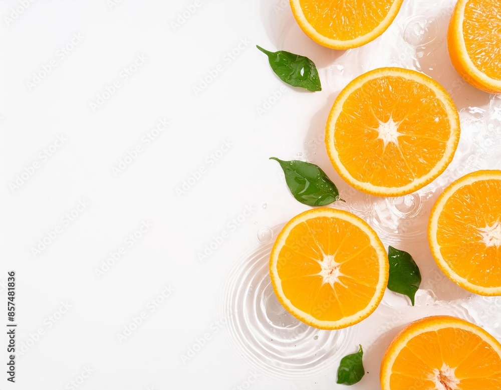 Orange slices in shallow water on white background. Top View. Copy space on left. Fresh summer concept minimal flay lay for product photography background. Orange slices in shallow water on white background. Top View. Copy space on left. Fresh summer concept minimal flay lay for product photography background.