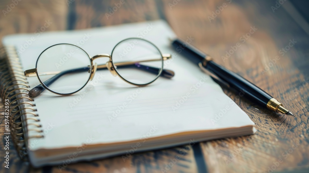 Eyeglasses notebook paper and pen on wood background with space for writing Eyeglasses notebook paper and pen on wood background with space for writing