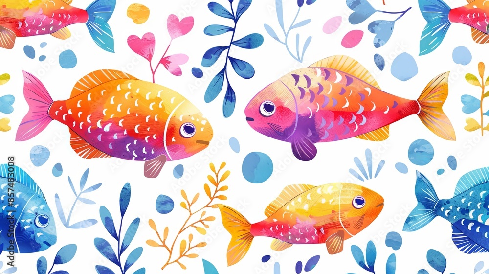 An artistic depiction of colorful fish swimming amidst leaves and flora rendered in vibrant watercolors, representing the harmony and beauty of nature in a lively underwater setting. An artistic depiction of colorful fish swimming amidst leaves and flora rendered in vibrant watercolors, representing the harmony and beauty of nature in a lively underwater setting.