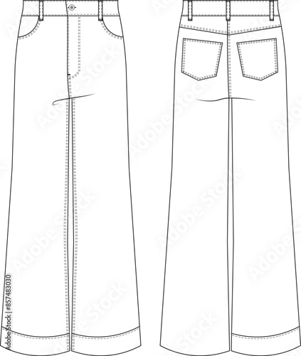 with pocket wide leg high rise high waist denim jean pant trouser template technical drawing flat sketch cad mockup fashion woman design style model
