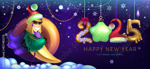 Banana superhero in a New Year's christmas hat, cape. Festive happy New Year  and Merry Christmas 2025. Funny design from numbers in the shape сolorful decorations.  Glowing candle , cookie,green sta