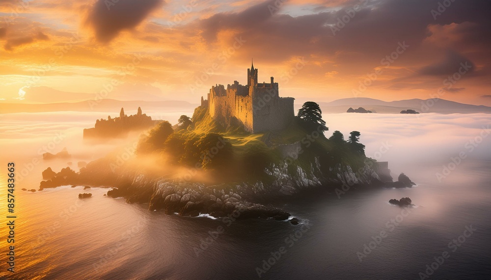 An isolated island surrounded by fog, with mysterious ruins and mythical creatures. An isolated island surrounded by fog, with mysterious ruins and mythical creatures.