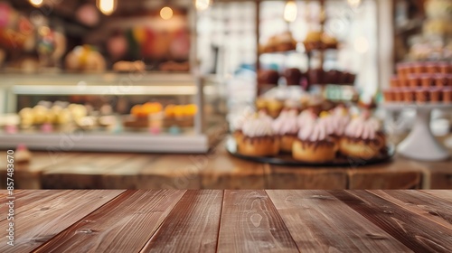 a close up of a rustic empty wooden table with blurred confectionery shop background photo