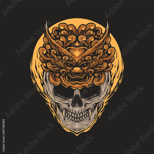 skull head with golden foo dog vector illustration