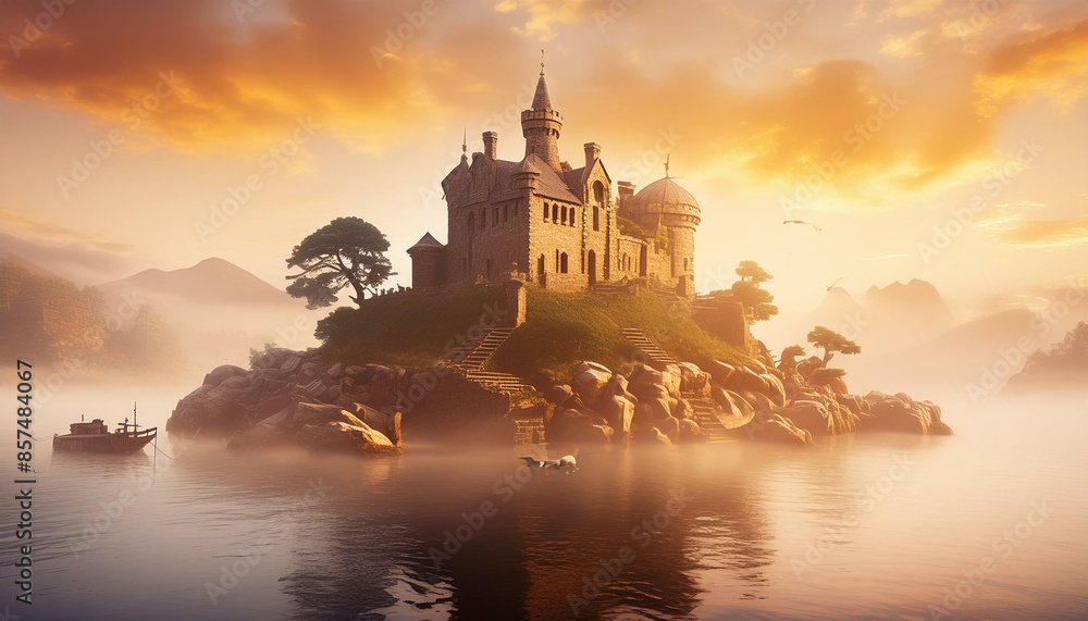 Fototapeta premium An isolated island surrounded by fog, with mysterious ruins and mythical creatures.