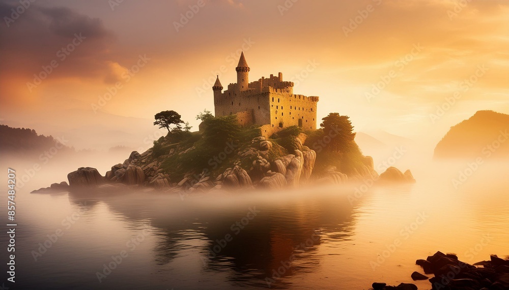 Obraz premium An isolated island surrounded by fog, with mysterious ruins and mythical creatures.