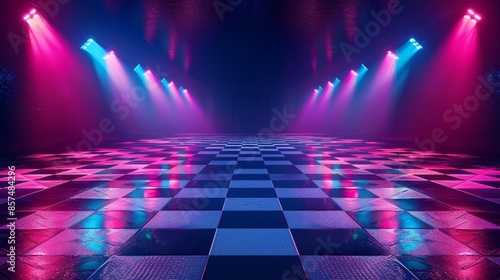 Vibrant neon lights on an empty disco dance floor with checkered tiles Glowing blue