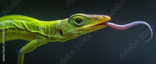 Vivid Green Gecko with Red Tail Snake in Focus photo