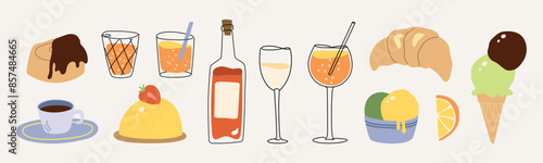 Vector hand painted traditional Italian desserts and drinks: wine, prosecco, Spritz cocktail, gelato illustration. Cute flat simple hand drawn icon collection for menu, posters and social media