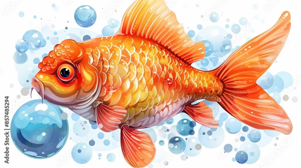 A lively and vibrant goldfish rendered with exquisite detail, surrounded by playful water bubbles. The image captures movement and a joyful atmosphere, perfect for a lively decor. A lively and vibrant goldfish rendered with exquisite detail, surrounded by playful water bubbles. The image captures movement and a joyful atmosphere, perfect for a lively decor.
