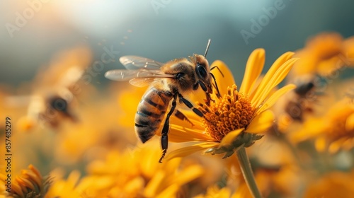 Honeybee collecting nectar from yellow flower in a sunlit meadow, close-up nature photography. Environmental and pollination concept © iVGraphic