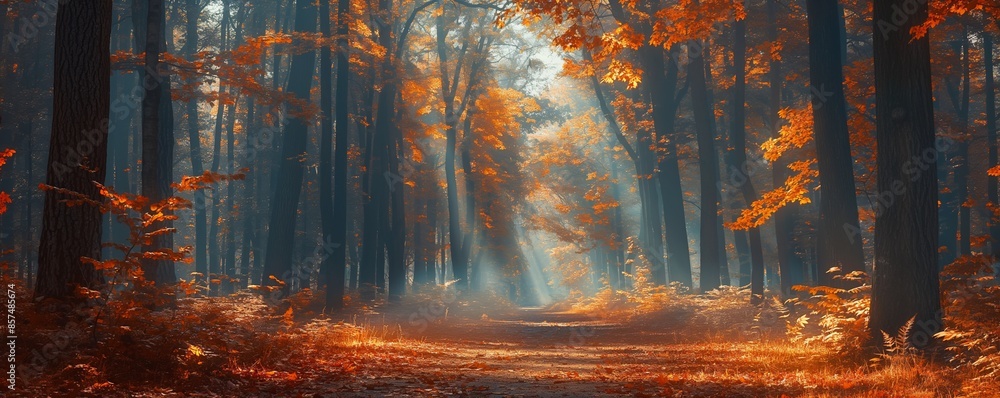 Obraz premium The image captures a misty woodland path in the midst of a majestic autumn forest, emanating mystery