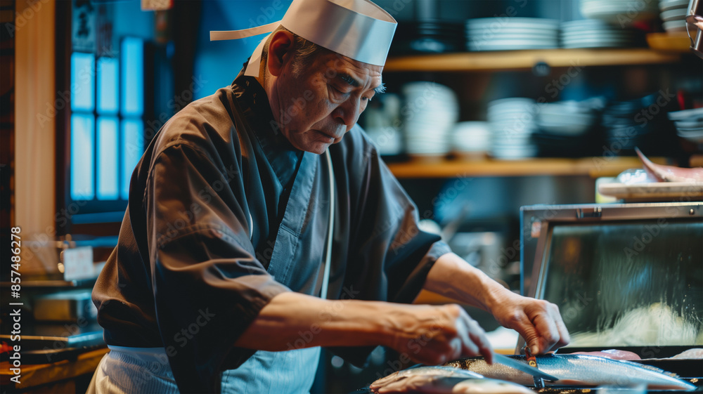 料理人が魚をさばいている様子 料理人が魚をさばいている様子
