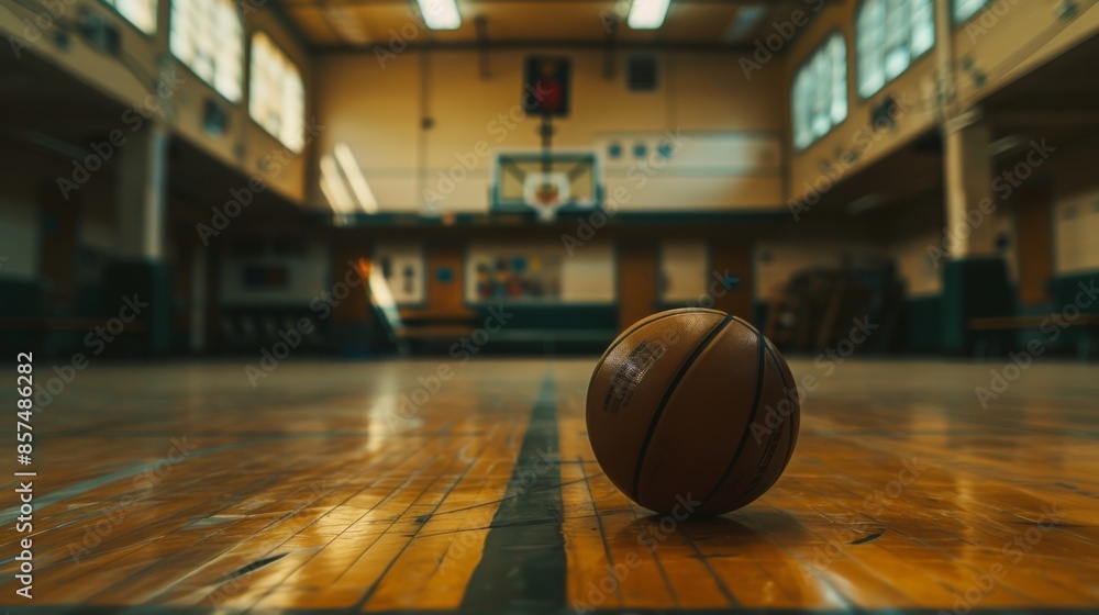 Lonely Basketball on Gym Floor, Generative AI Lonely Basketball on Gym Floor, Generative AI