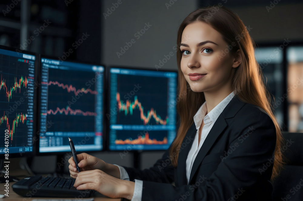 A happy, beautiful girl of about 25 years old is a stock trader-investor analyzing the charts of the crypto market. Investing in stocks. Integration and diversity in the financial industry. A happy, beautiful girl of about 25 years old is a stock trader-investor analyzing the charts of the crypto market. Investing in stocks. Integration and diversity in the financial industry.