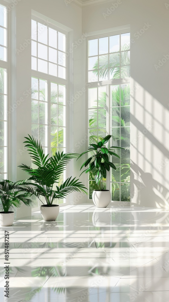 Bright sunlit room with large windows and potted plants. Modern interior and natural light concept Bright sunlit room with large windows and potted plants. Modern interior and natural light concept