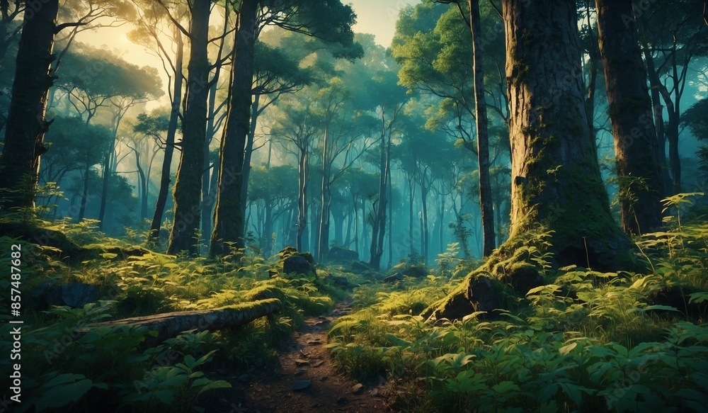 Fototapeta premium Lush forest path illuminated by golden sunlight beams.