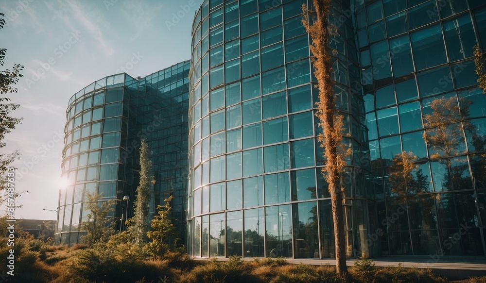 Fototapeta premium Elegant curving glass building in urban garden setting.