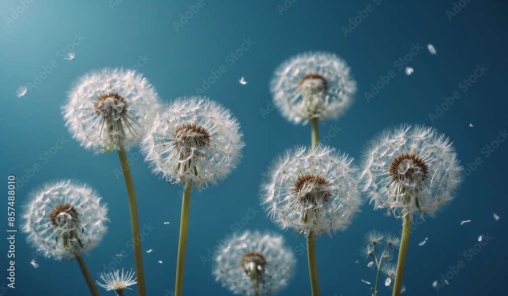 Obraz premium Close-up of fluffy dandelions against a blue sky