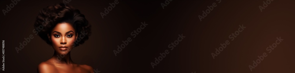 Fototapeta premium beautiful black woman portrait with copy space, skin care and facial model, glamour lady make-up model, skincare and haircut supermodel, fashion hair style.